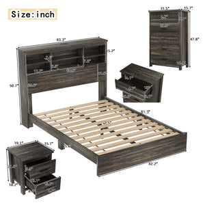 Queen Size Bedroom Set with Dresser & 2 Nightstands – Platform Bed with USB Charging & Storage Headboard