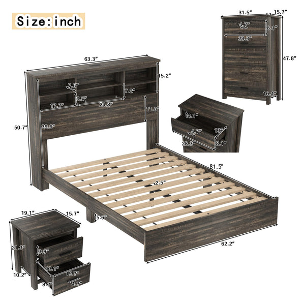 Queen Size Bedroom Set with Dresser & 2 Nightstands – Platform Bed with USB Charging & Storage Headboard