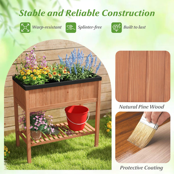 2-Tier Wooden Raised Garden Bed with Storage Shelf