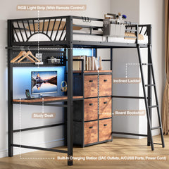 Twin Loft Bed with Desk, Storage Drawers & LED Lights