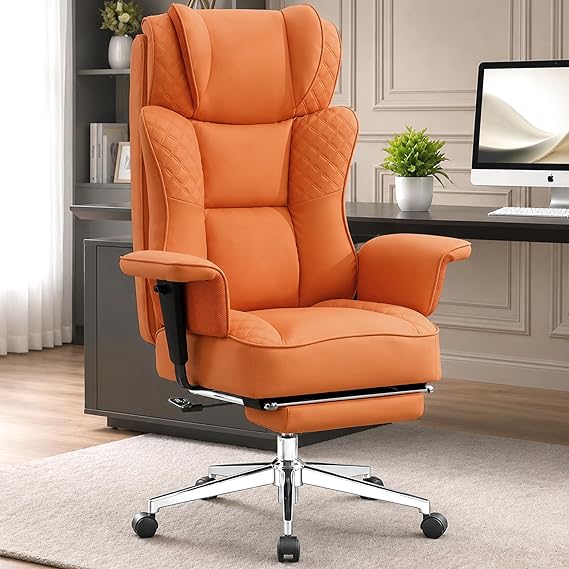 Office Desk Chair, High-Back Big and Tall Leather Chair with Footrest, Ergonomic Reclining Computer Chairs, Comfy Executive Wide Chair with Lumbar Support, Adjustable Padded Armrests, 400LBS (Black)