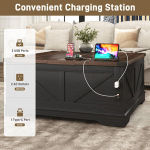40" Square Lift Top Coffee Table with Power Outlets & Hidden Storage