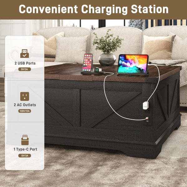 40" Square Lift Top Coffee Table with Power Outlets & Hidden Storage