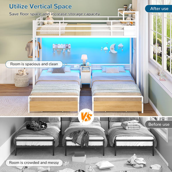 Triple Bunk Bed Twin Size with LED Lights, Charging Station & Storage Drawers