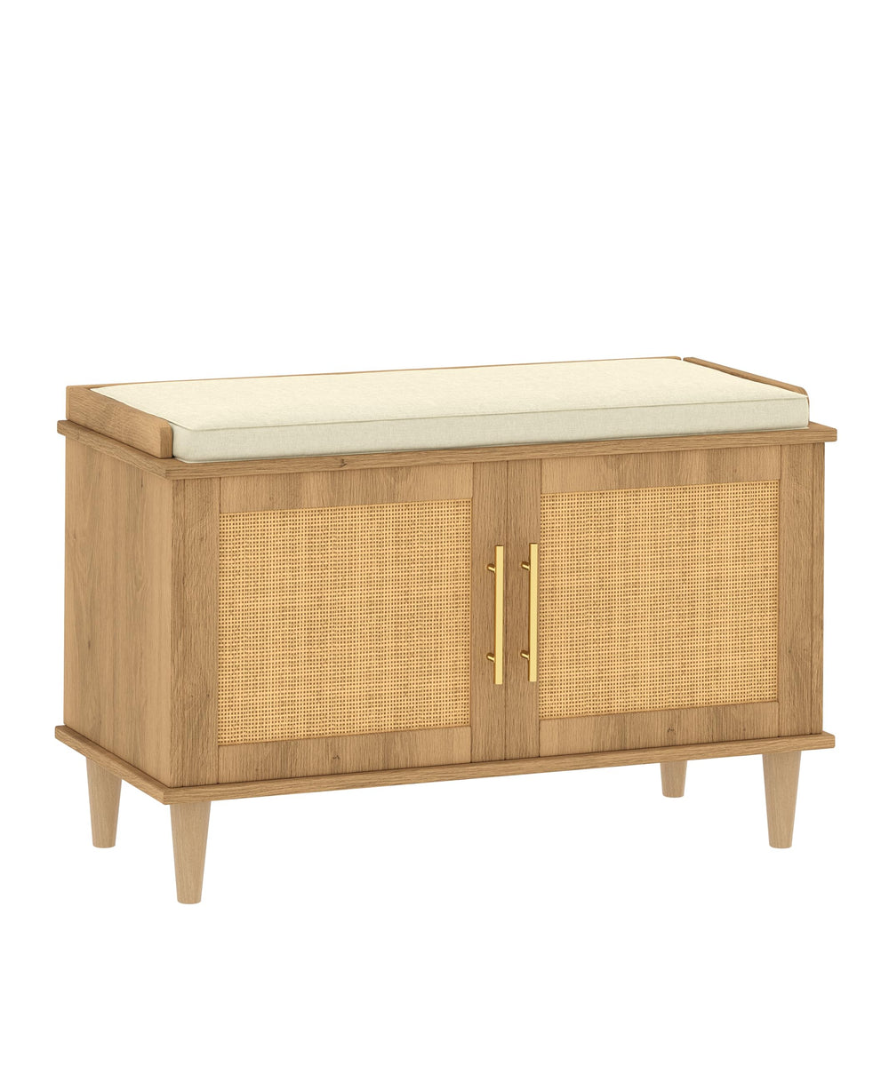 Rattan Shoe Storage Bench with Cushion & Adjustable Shelves