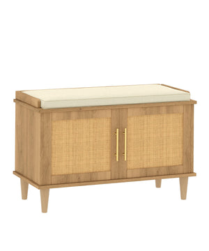 Rattan Shoe Storage Bench with Cushion & Adjustable Shelves