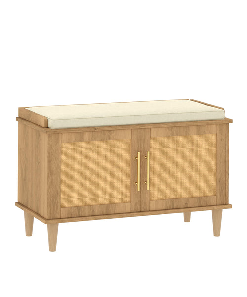 Rattan Shoe Storage Bench with Cushion & Adjustable Shelves