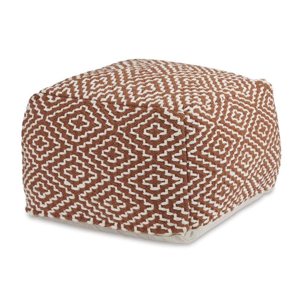Handwoven Geometric Pouf Ottoman – Orange & White