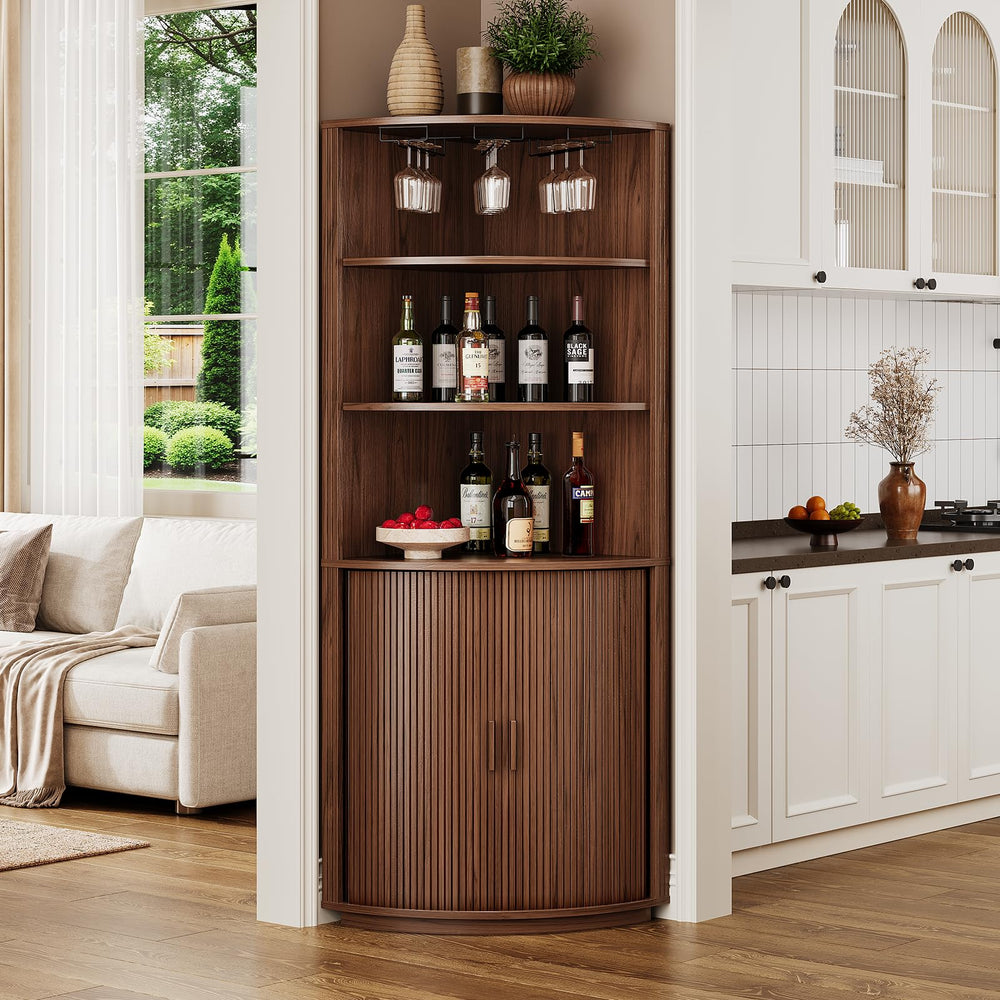 Corner Bar Cabinet with LED Lights & Sliding Door