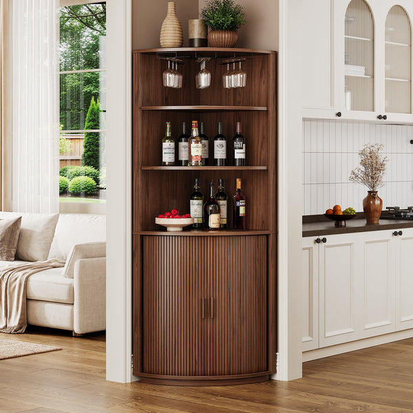 Corner Bar Cabinet with LED Lights & Sliding Door