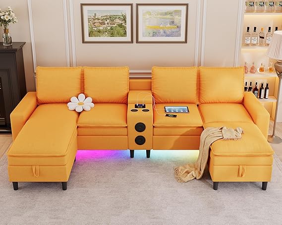 L-Shaped Sectional Sofa with Bluetooth Speaker, LED Lights & Charging Station