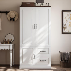 Tall Wardrobe Closet with Drawers & Hanging Rod