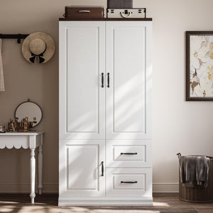 Tall Wardrobe Closet with Drawers & Hanging Rod