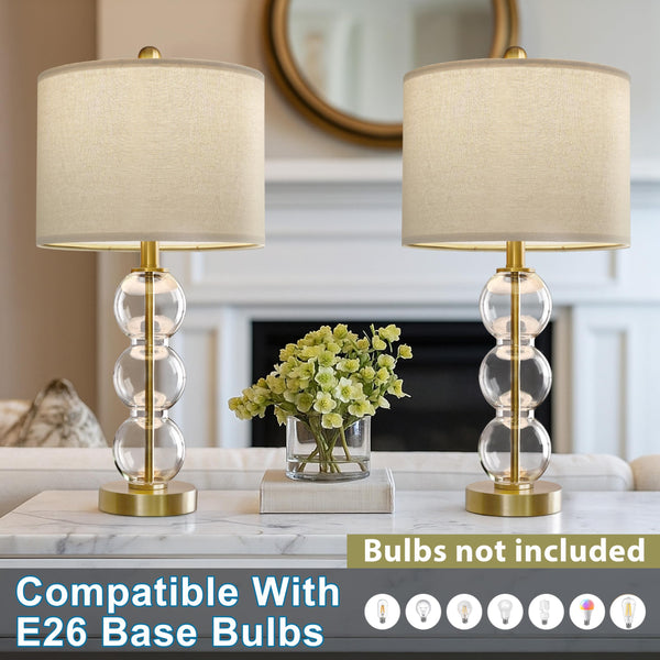 Glass Table Lamps Set of 2 with USB Charging Ports and Linen Shade