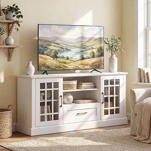 Farmhouse TV Stand 62 Inch with Storage Cabinets and Glass Doors