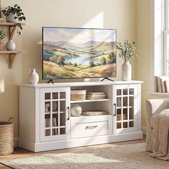 Farmhouse TV Stand 62 Inch with Storage Cabinets and Glass Doors
