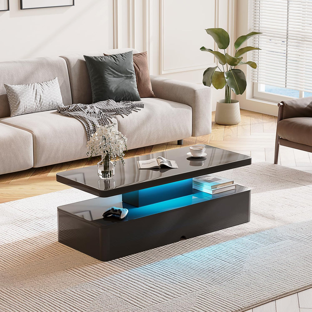 LED Coffee Table with RGB Lighting & 2-Tier Storage