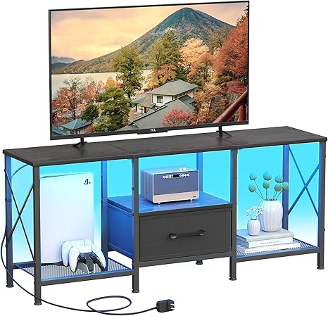 Industrial TV Stand with Fabric Drawer & Open Shelves