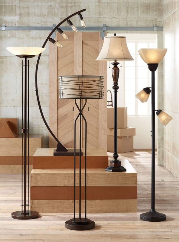 Industrial Vintage Floor Lamp 63.5" Bronze with Linen Bell Shade