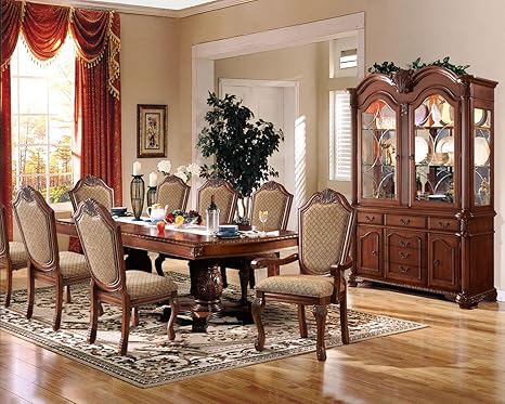9-Piece Formal Dining Set – Extendable Pedestal Table & 8 Upholstered Chairs