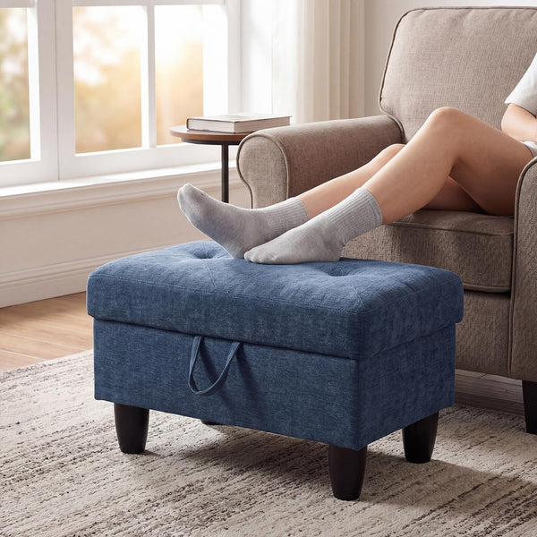 Storage Ottoman Bench – Dark Blue Linen, Solid Wood Frame