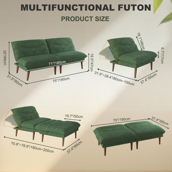75 Inch Convertible Futon Sofa Bed with Adjustable Backrest