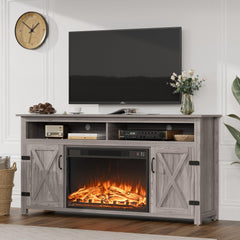 Fireplace TV Stand with Storage & Barn Doors – Grey