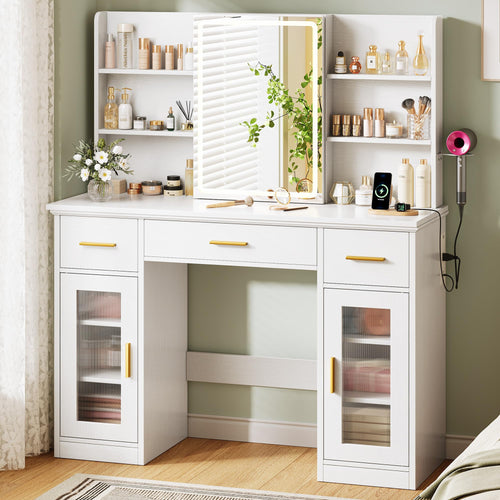 Vanity Desk with Mirror, Lights & Storage