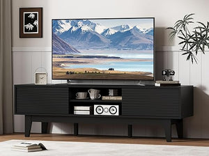 Rattan TV Stand with Sliding Doors & Open Shelves