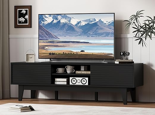 Rattan TV Stand with Sliding Doors & Open Shelves