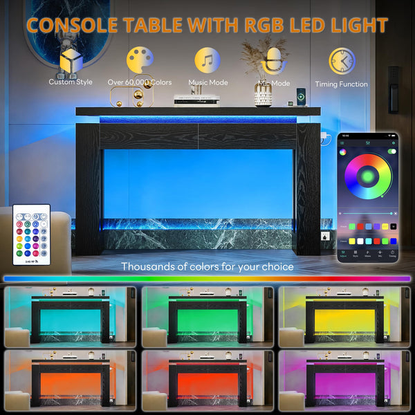 Console Table with LED Lights, Charging Station & Storage Drawers