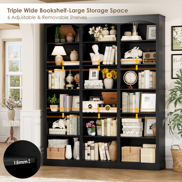 6-Tier Triple Wide Bookcase with Arched Design, 18 Open Shelves
