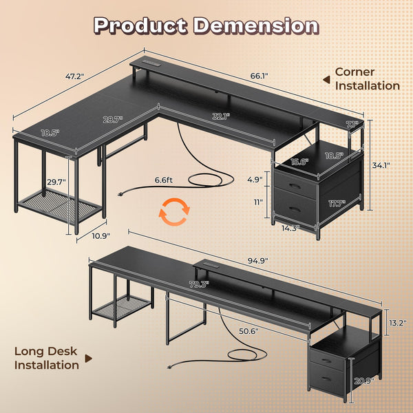L-Shaped Gaming & Office Desk with LED Lights, Power Outlets, Drawers & Monitor Stand
