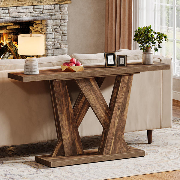 55-Inch Farmhouse Console Table with Geometric Base