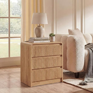 Fluted Nightstand with Charging Station & 3 Drawers