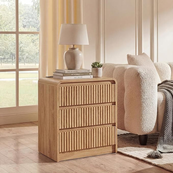 Fluted Nightstand with Charging Station & 3 Drawers