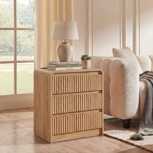 Fluted Nightstand with Charging Station & 3 Drawers