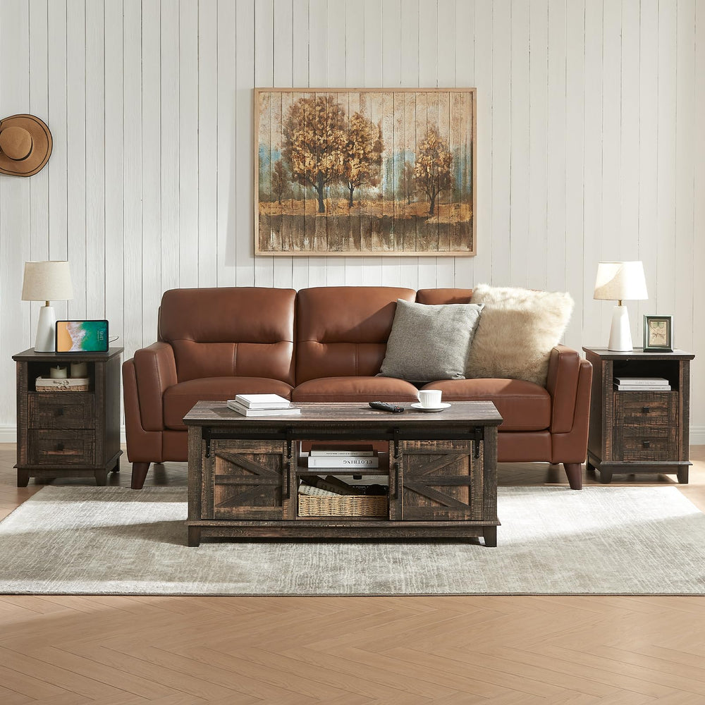 3-Piece Farmhouse Living Room Table Set with Sliding Barn Doors & Charging Station