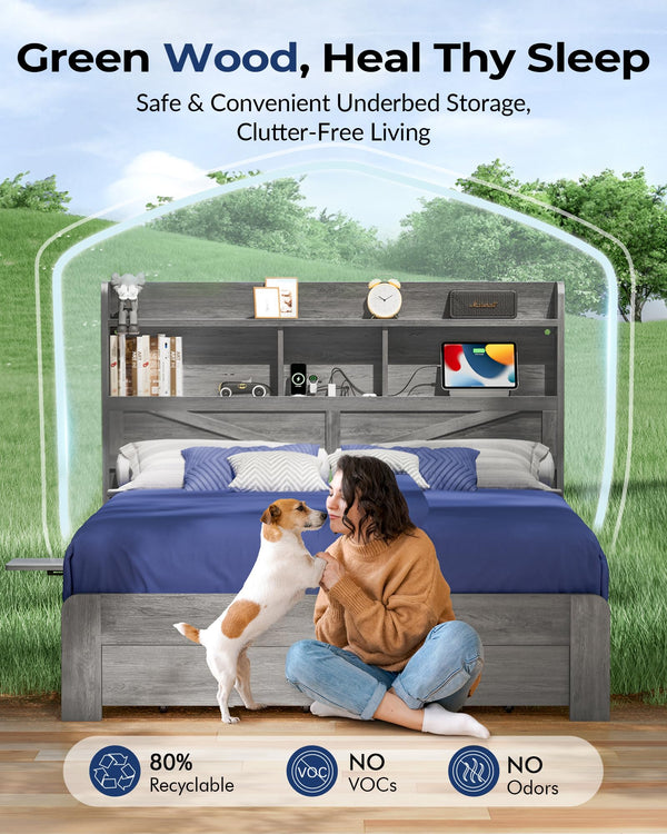 Queen Bed Frame with Storage Headboard, LED Lights & Charging Station