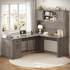 L-Shaped Executive Office Desk with Hutch, Drawers & Power Outlets – 68.9"