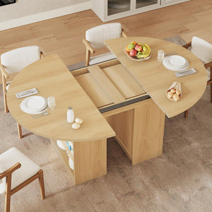Extendable Dining Table with 3-Tier Storage Shelves & Pedestal Base