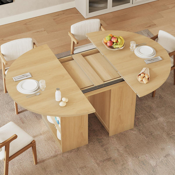 Extendable Dining Table with 3-Tier Storage Shelves & Pedestal Base