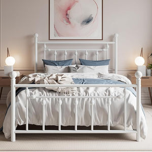 Metal Platform Bed Frame with Victorian Headboard & Footboard