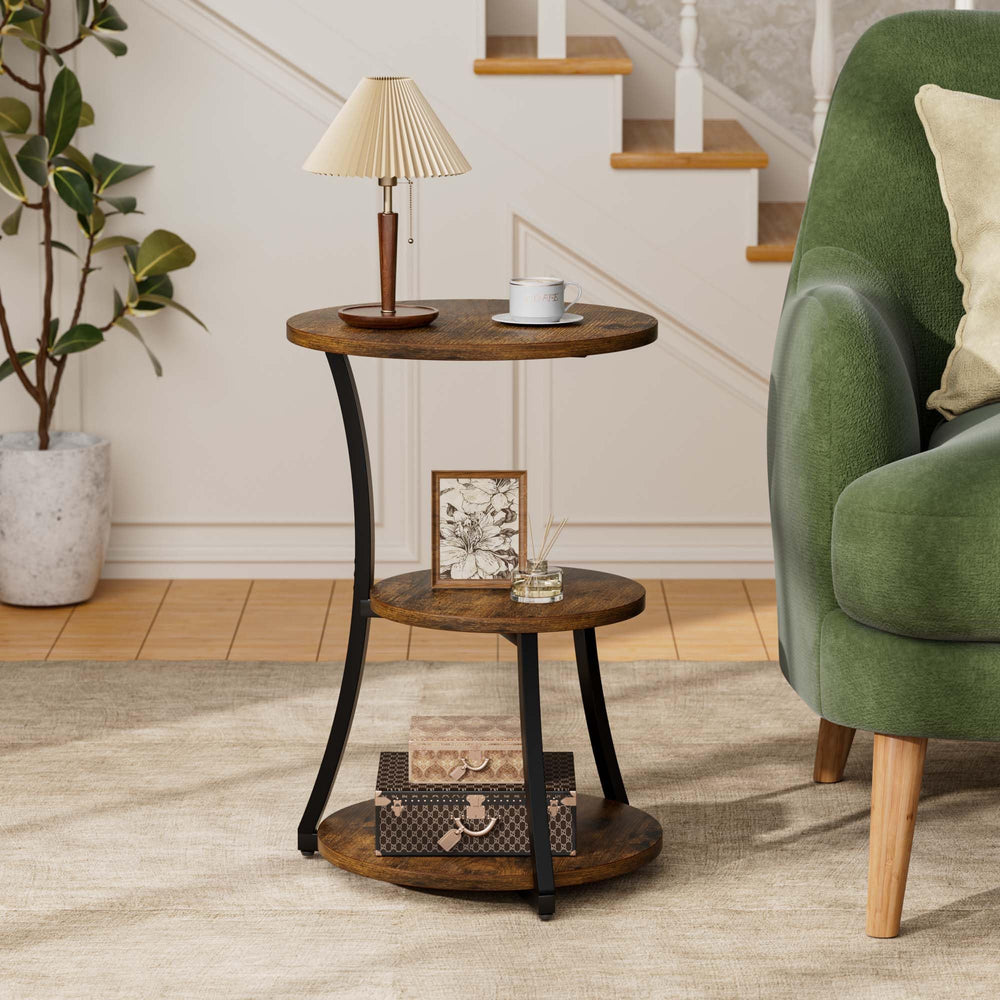 Round 3-Tier Industrial End Table with Metal Frame