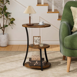 Round 3-Tier Industrial End Table with Metal Frame