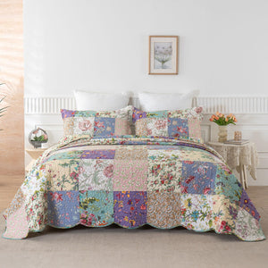 Cotton Patchwork Quilt Set with Pillow Shams – All Season Floral Bedspread