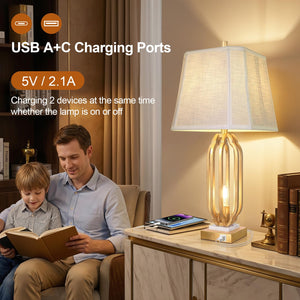 Iron Art Table Lamp Set of 2 with USB Charging Ports & Dimmable Bulb