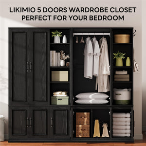 70" 5-Door Wooden Wardrobe with Shelves & Hanging Rod