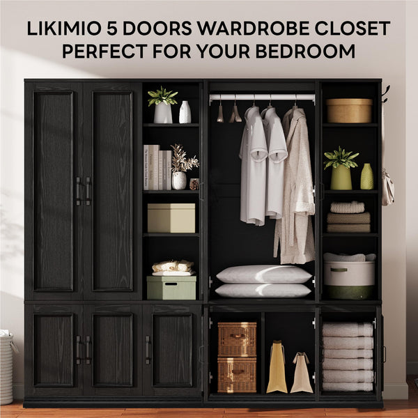 70" 5-Door Wooden Wardrobe with Shelves & Hanging Rod