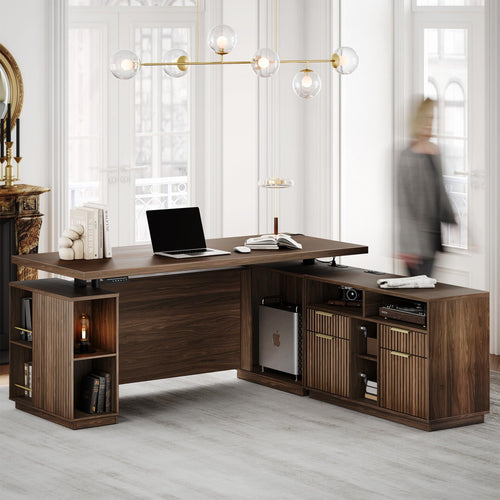 L-Shaped Electric Standing Desk with File Cabinet
